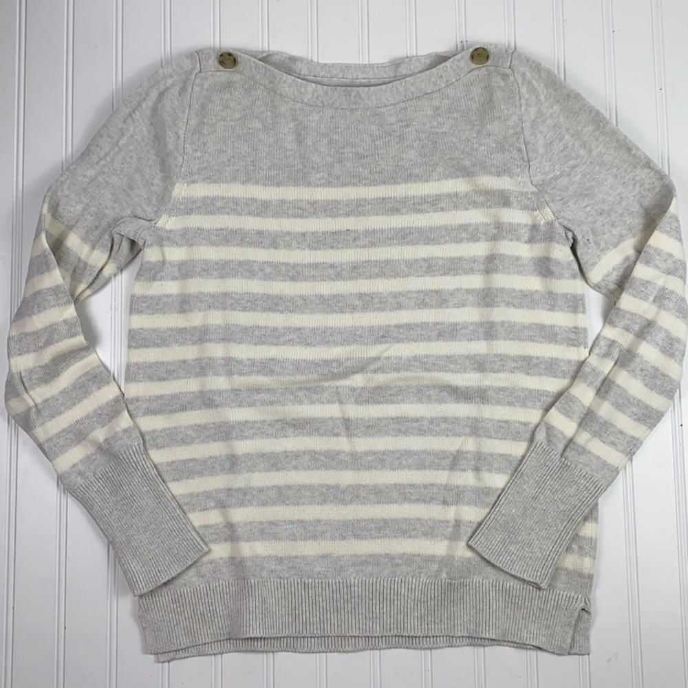 J. Crew Factory gray and ivory striped 100% cotton boatneck pullover sweater M